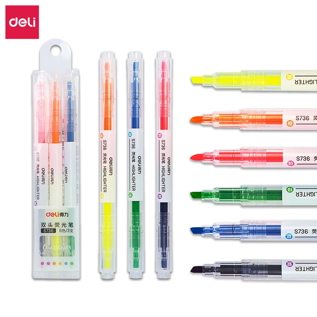 DELI Dual Tip Highlighter 3Pcs/Bag 6 Colors Double Headed Highlight Marker Pen Stationery - ZOOMNSTORE
