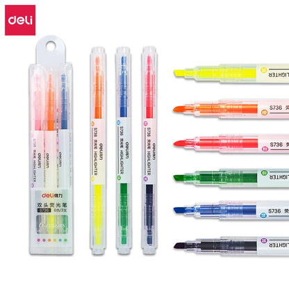 DELI Dual Tip Highlighter 3Pcs/Bag 6 Colors Double Headed Highlight Marker Pen Stationery - ZOOMNSTORE