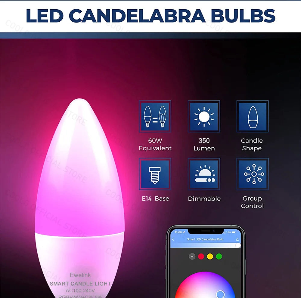 E14 Smart LED Bulb - Zigbee Candle Bulb With RGBC LED Lamp, Voice Controlled & Dimmable - ZOOMNSTORE