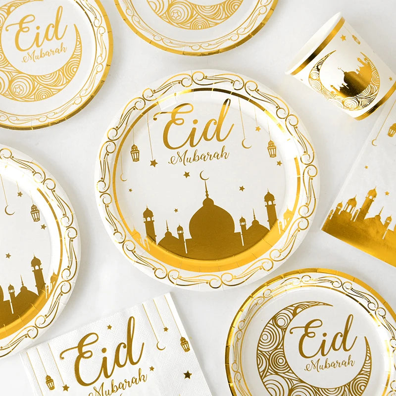Eid Mubarak Party Supplies - Gold Disposable Tableware Cups Banners  Gift Bags - ZOOMNSTORE
