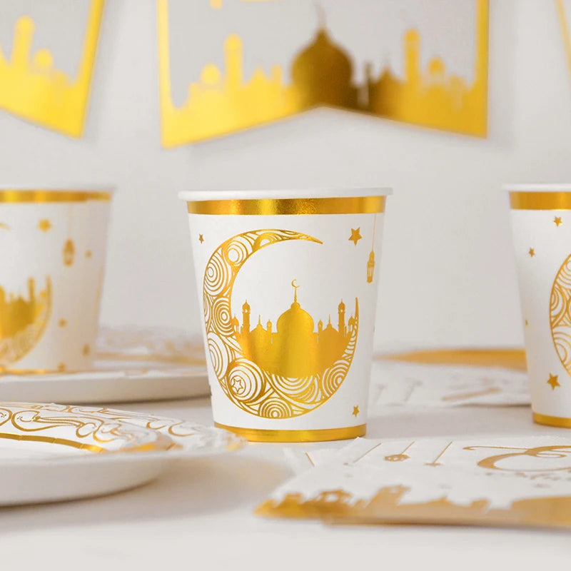 Eid Mubarak Party Supplies - Gold Disposable Tableware Cups Banners  Gift Bags - ZOOMNSTORE