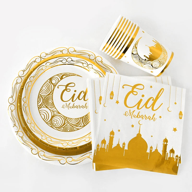 Eid Mubarak Party Supplies - Gold Disposable Tableware Cups Banners  Gift Bags - ZOOMNSTORE