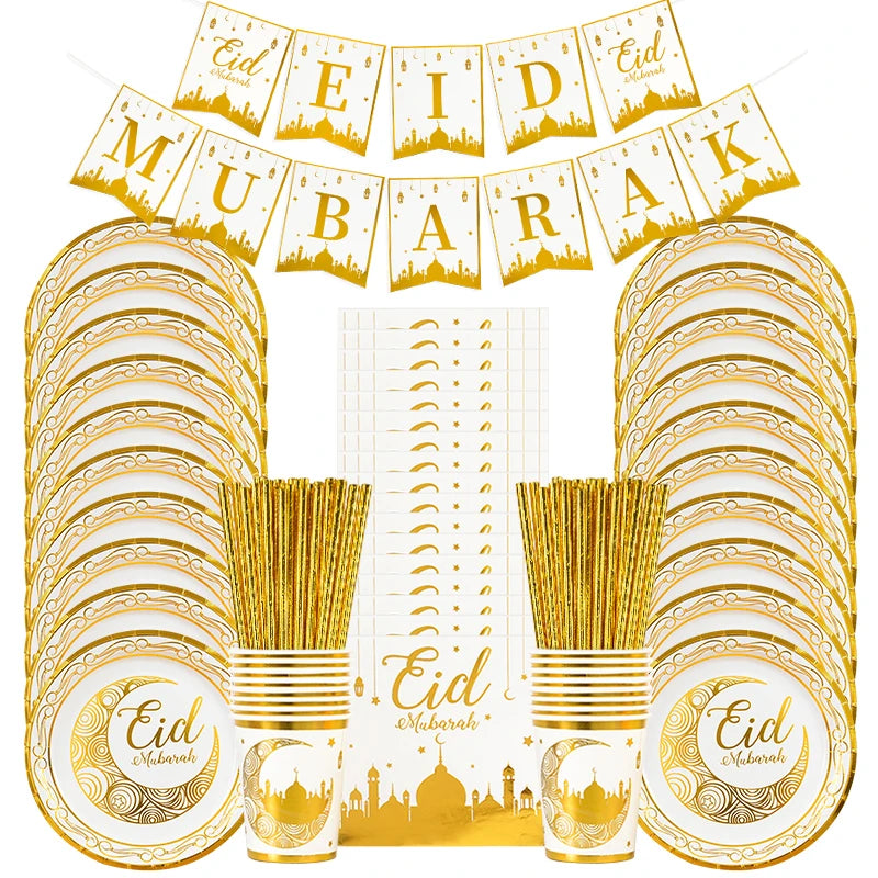 Eid Mubarak Party Supplies - Gold Disposable Tableware Cups Banners  Gift Bags - ZOOMNSTORE