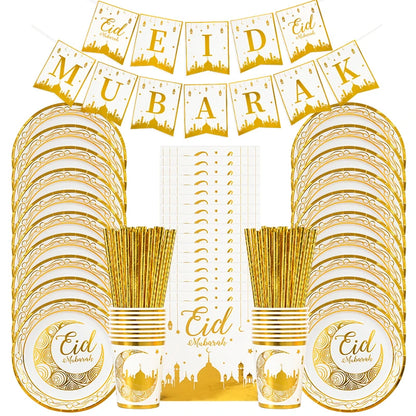 Eid Mubarak Party Supplies - Gold Disposable Tableware Cups Banners  Gift Bags - ZOOMNSTORE