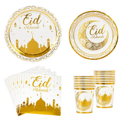 Eid Mubarak Party Supplies - Gold Disposable Tableware Cups Banners  Gift Bags - ZOOMNSTORE