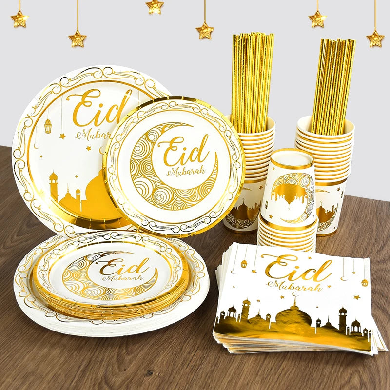 Eid Mubarak Party Supplies - Gold Disposable Tableware Cups Banners  Gift Bags - ZOOMNSTORE