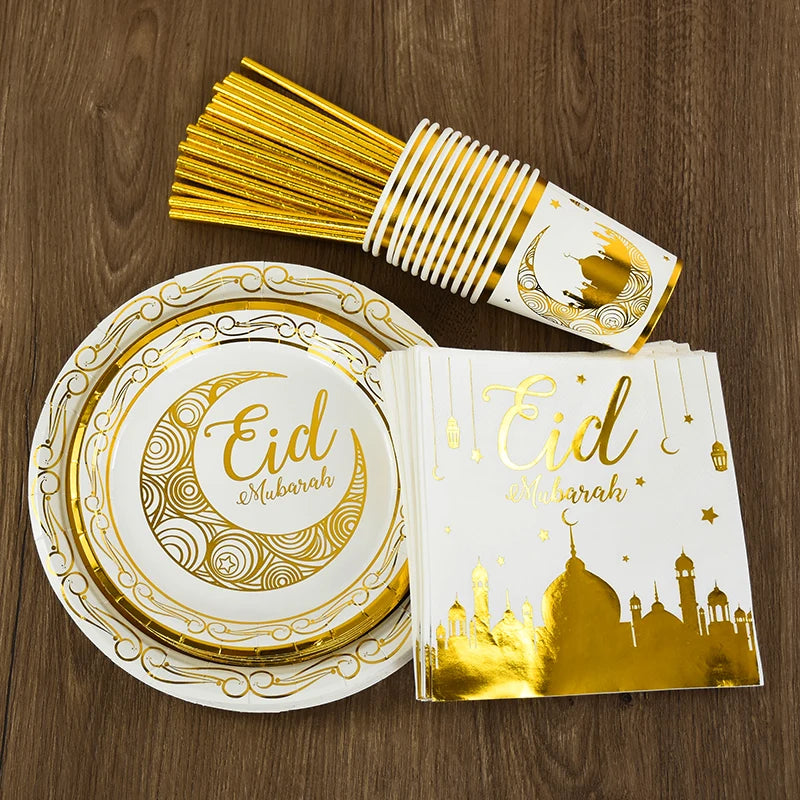 Eid Mubarak Party Supplies - Gold Disposable Tableware Cups Banners  Gift Bags - ZOOMNSTORE