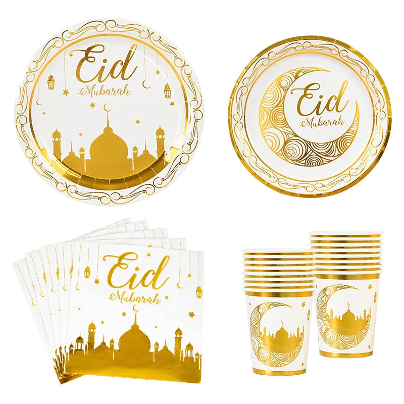 Eid Mubarak Party Supplies - Gold Disposable Tableware Cups Banners  Gift Bags - ZOOMNSTORE