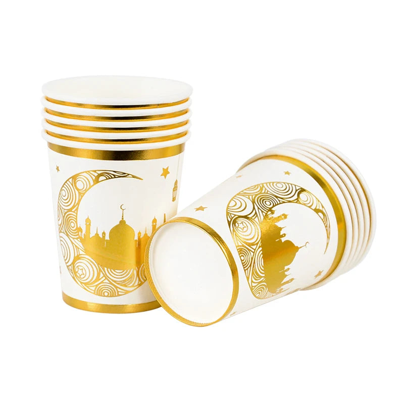 Eid Mubarak Party Supplies - Gold Disposable Tableware Cups Banners  Gift Bags - ZOOMNSTORE