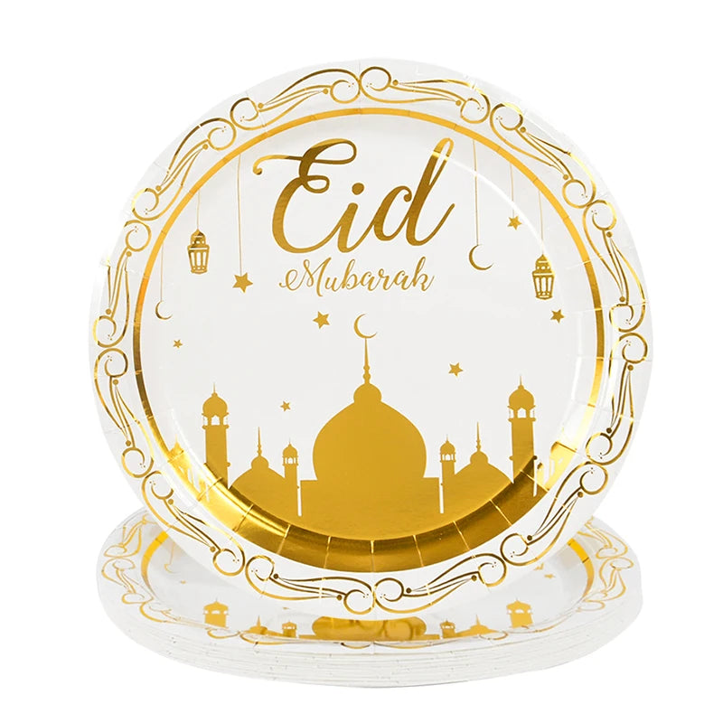 Eid Mubarak Party Supplies - Gold Disposable Tableware Cups Banners  Gift Bags - ZOOMNSTORE