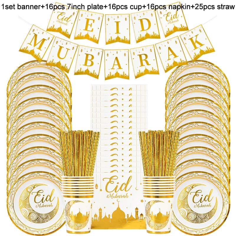 Eid Mubarak Party Supplies - Gold Disposable Tableware Cups Banners  Gift Bags - ZOOMNSTORE