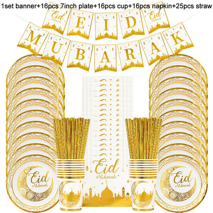 Eid Mubarak Party Supplies - Gold Disposable Tableware Cups Banners  Gift Bags - ZOOMNSTORE