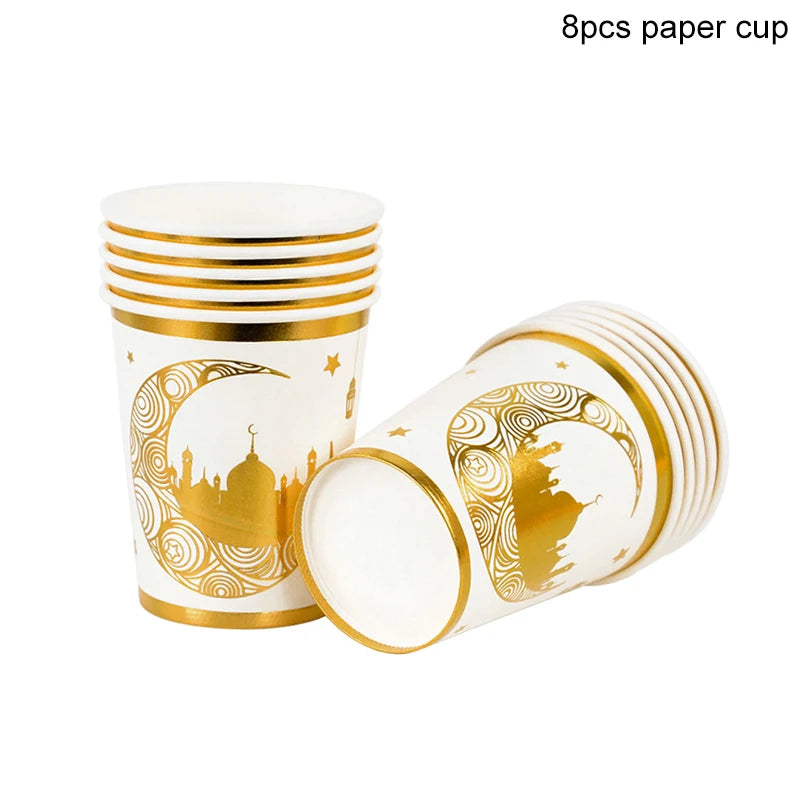 Eid Mubarak Party Supplies - Gold Disposable Tableware Cups Banners  Gift Bags - ZOOMNSTORE