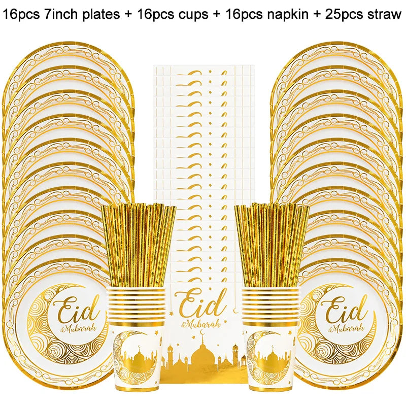 Eid Mubarak Party Supplies - Gold Disposable Tableware Cups Banners  Gift Bags - ZOOMNSTORE