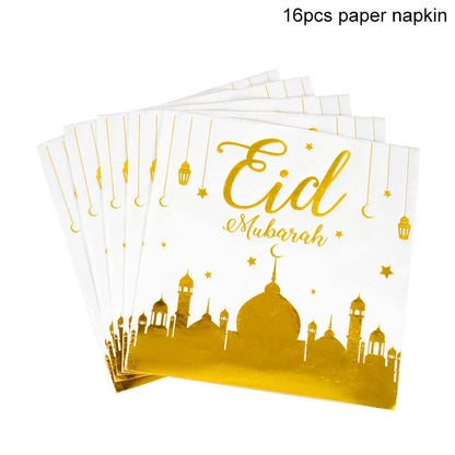 Eid Mubarak Party Supplies - Gold Disposable Tableware Cups Banners  Gift Bags - ZOOMNSTORE