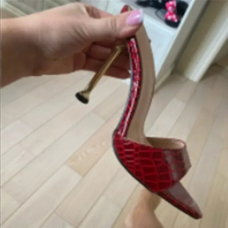 Eilyken Snake Print Strappy Mule Sandals - Thin High Heels Peep Toe Slides - ZOOMNSTORE