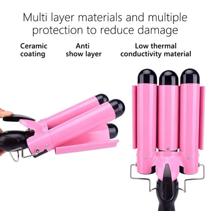Electric Curling Stick - Korean Style Three Tube Curler | Ceramic Hair Wave Iron - ZOOMNSTORE