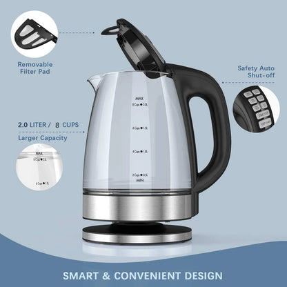 Electric Glass Kettle 2 Liter - Fast Boil, Temperature Control, Keep Warm Function - ZOOMNSTORE
