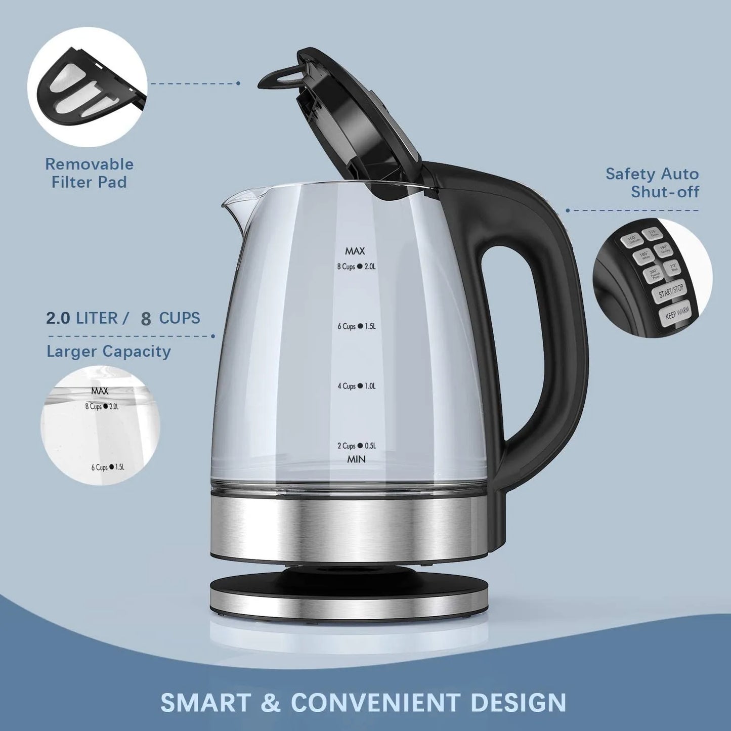 Electric Glass Kettle 2 Liter - Fast Boil, Temperature Control, Keep Warm Function - ZOOMNSTORE
