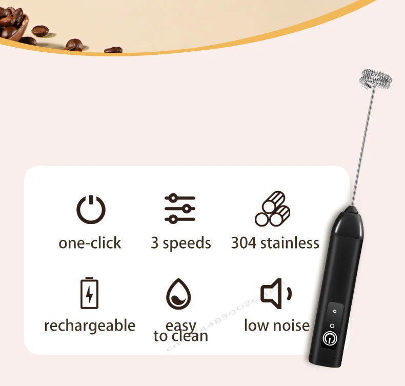 Electric Milk Frother USB Rechargeable 3 Speed Milk Frother Foam Maker Wand - ZOOMNSTORE
