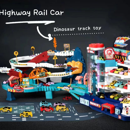 Electric Rail Car Dinosaur Building Parking Lot Adventure Racing Rail Car Toys Children Brain Mechanical Interactive Rail Cars - ZOOMNSTORE
