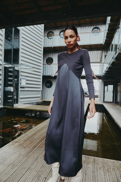 Elegance Satin Dress Set - Adjustable Mockneck Top & Knitted Cross Maxi Floor Length - ZOOMNSTORE