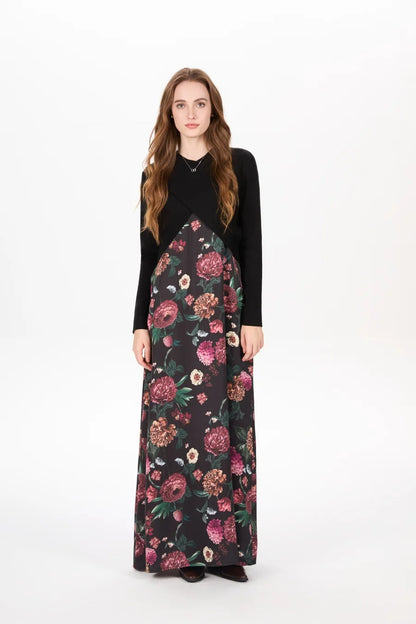 Elegance Satin Dress Set - Adjustable Mockneck Top & Knitted Cross Maxi Floor Length - ZOOMNSTORE