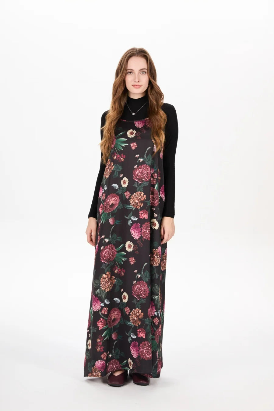 Elegance Satin Dress Set - Adjustable Mockneck Top & Knitted Cross Maxi Floor Length - ZOOMNSTORE