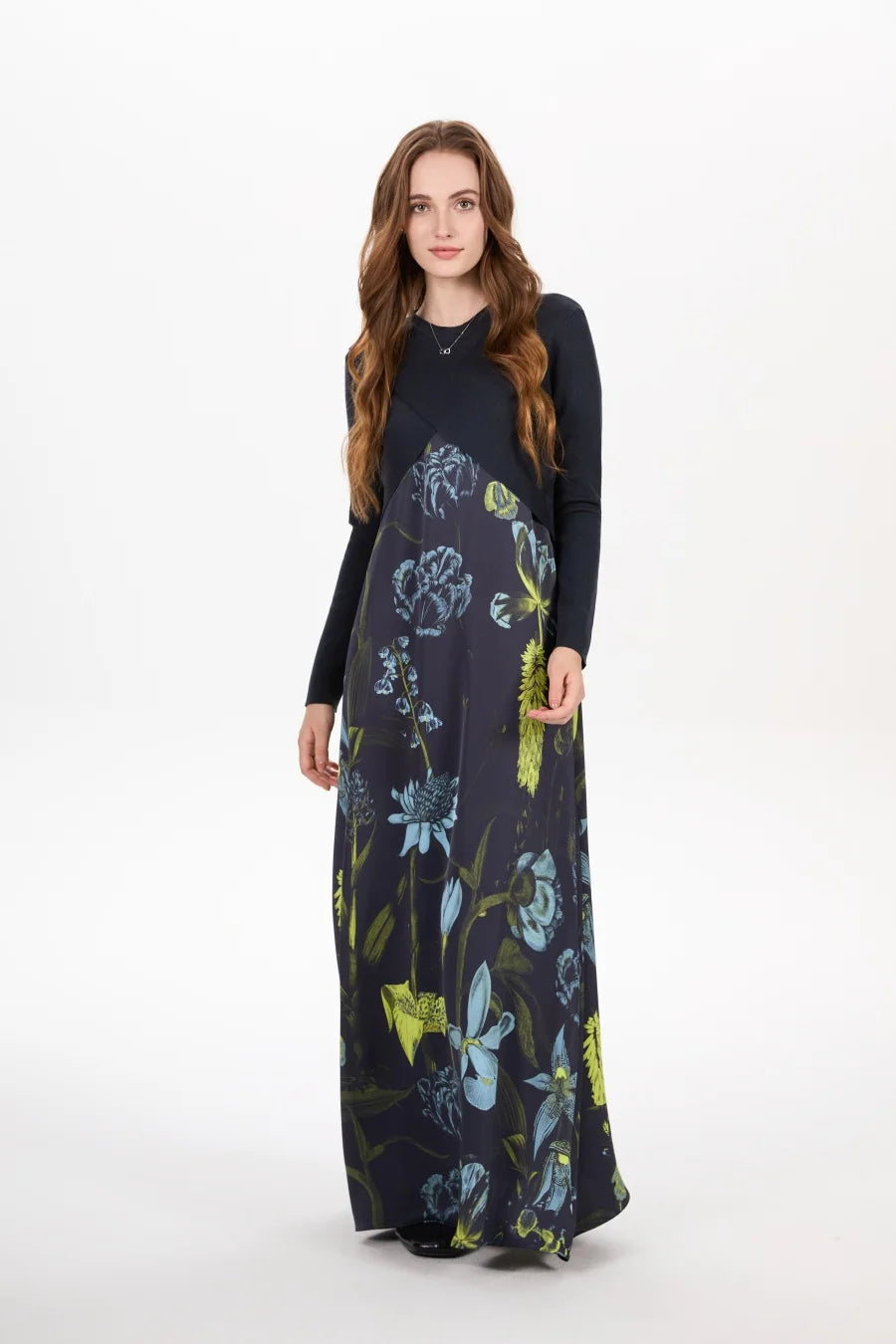 Elegance Satin Dress Set - Adjustable Mockneck Top & Knitted Cross Maxi Floor Length - ZOOMNSTORE