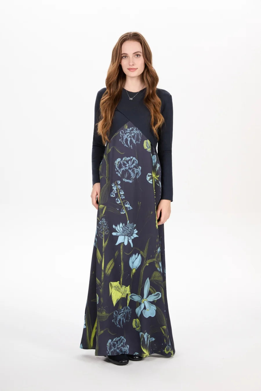 Elegance Satin Dress Set - Adjustable Mockneck Top & Knitted Cross Maxi Floor Length - ZOOMNSTORE