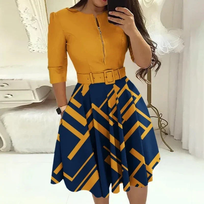 Elegant A-line Patchwork Dress - Womens AutumnWinter Party  Office Dress - ZOOMNSTORE
