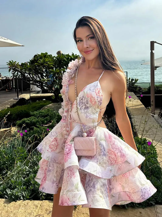 Elegant Backless Party Dress - 3D Flower Print A-line Mini Evening Dress for Women - ZOOMNSTORE