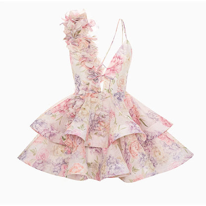 Elegant Backless Party Dress - 3D Flower Print A-line Mini Evening Dress for Women - ZOOMNSTORE