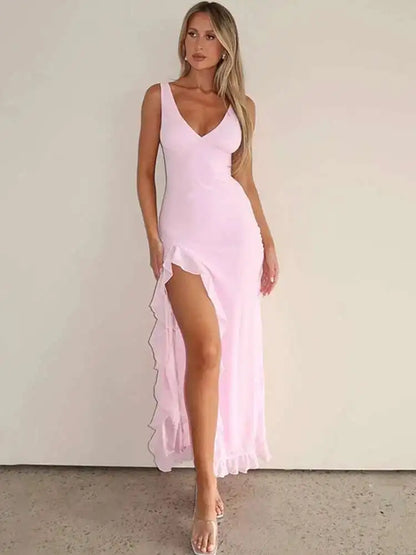 Elegant Backless Ruffle High Split Midi Dress - Summer Party Evening Wear 2024 - ZOOMNSTORE
