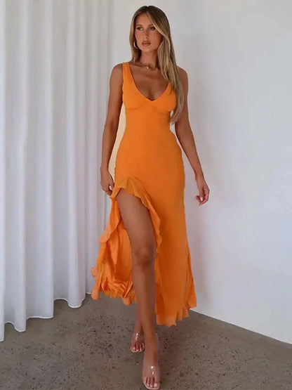 Elegant Backless Ruffle High Split Midi Dress - Summer Party Evening Wear 2024 - ZOOMNSTORE