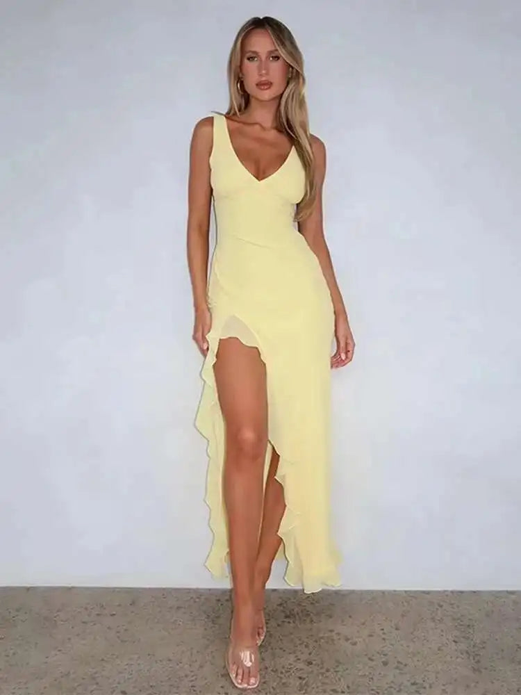 Elegant Backless Ruffle High Split Midi Dress - Summer Party Evening Wear 2024 - ZOOMNSTORE