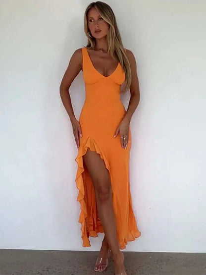 Elegant Backless Ruffle High Split Midi Dress - Summer Party Evening Wear 2024 - ZOOMNSTORE