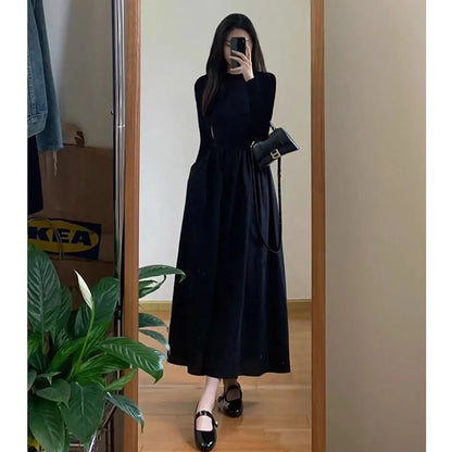 Elegant Black A-Line Midi Dress - Womens High Waist Long Sleeve Slim Fit for Autumn Winter - ZOOMNSTORE
