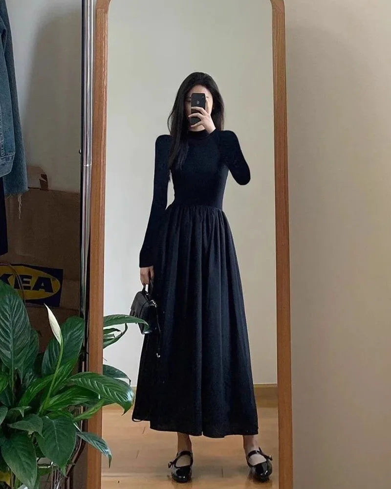 Elegant Black A-Line Midi Dress - Womens High Waist Long Sleeve Slim Fit for Autumn Winter - ZOOMNSTORE