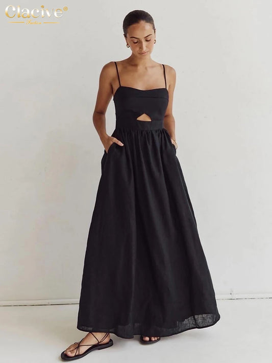 Elegant Black Cotton Ankle-Length Dress - Womens Sleeveless Summer Dress - ZOOMNSTORE