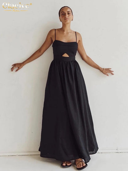 Elegant Black Cotton Ankle-Length Dress - Womens Sleeveless Summer Dress - ZOOMNSTORE