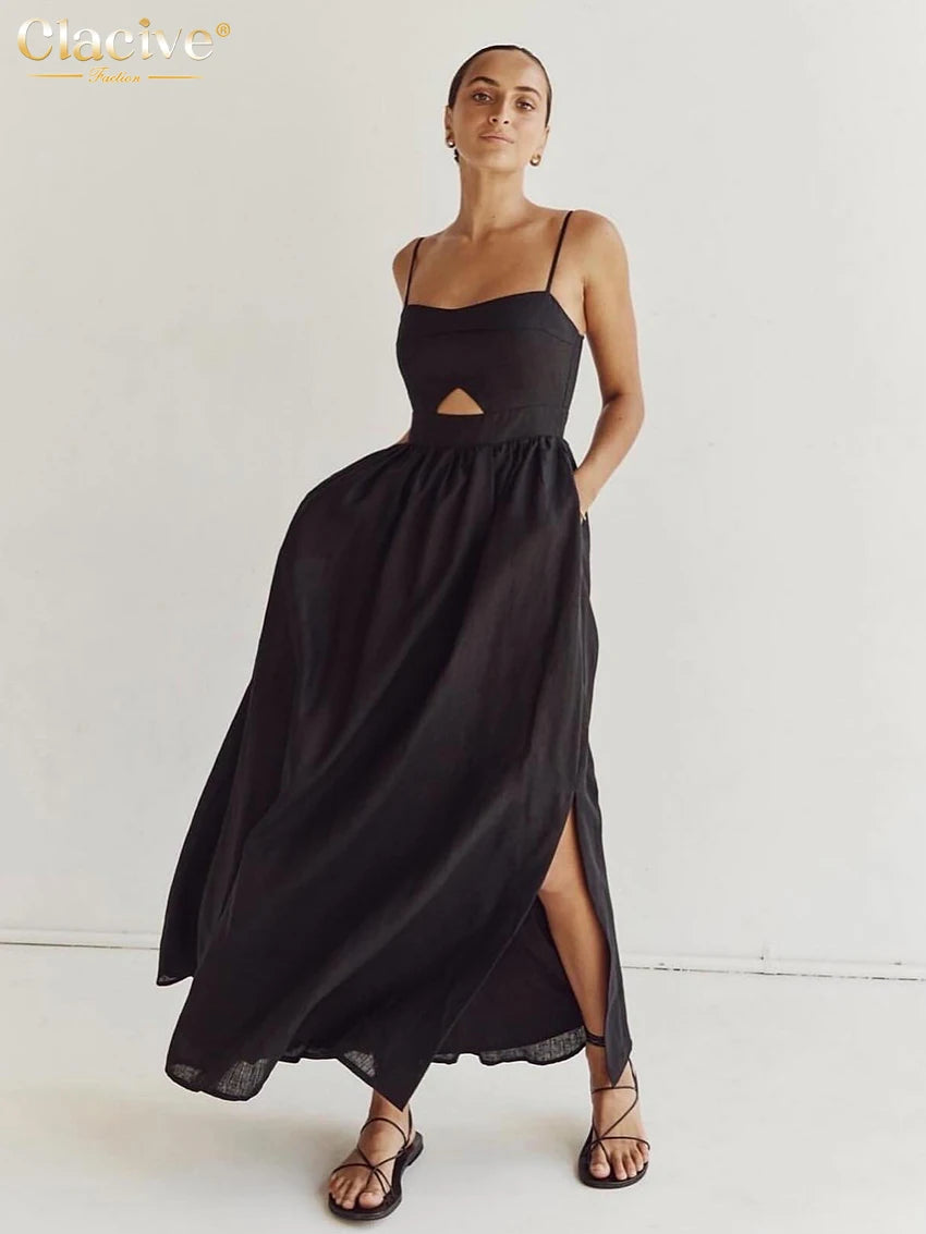 Elegant Black Cotton Ankle-Length Dress - Womens Sleeveless Summer Dress - ZOOMNSTORE