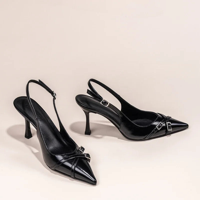 Elegant Black High-Heeled Stiletto Shoes with Buckle - Womens Summer Fashion - ZOOMNSTORE