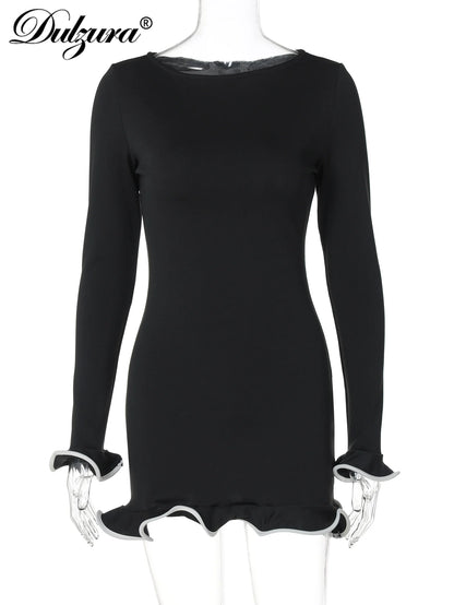 Elegant Bodycon Mini Dress - O-Neck Long Sleeves Ruffles for Party  Streetwear - ZOOMNSTORE