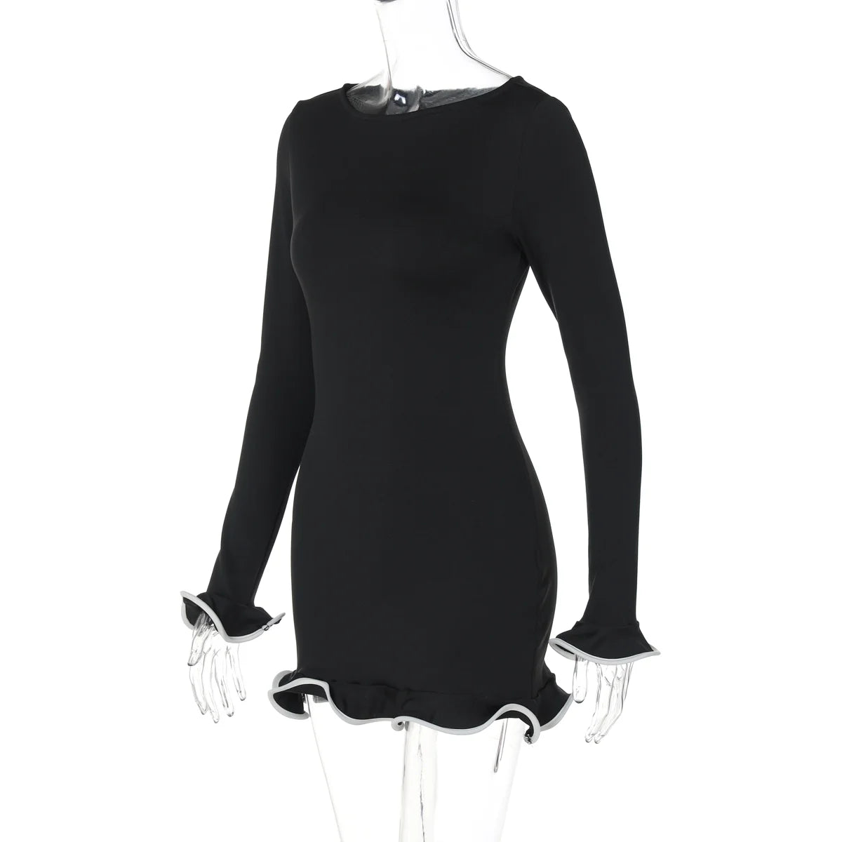 Elegant Bodycon Mini Dress - O-Neck Long Sleeves Ruffles for Party  Streetwear - ZOOMNSTORE