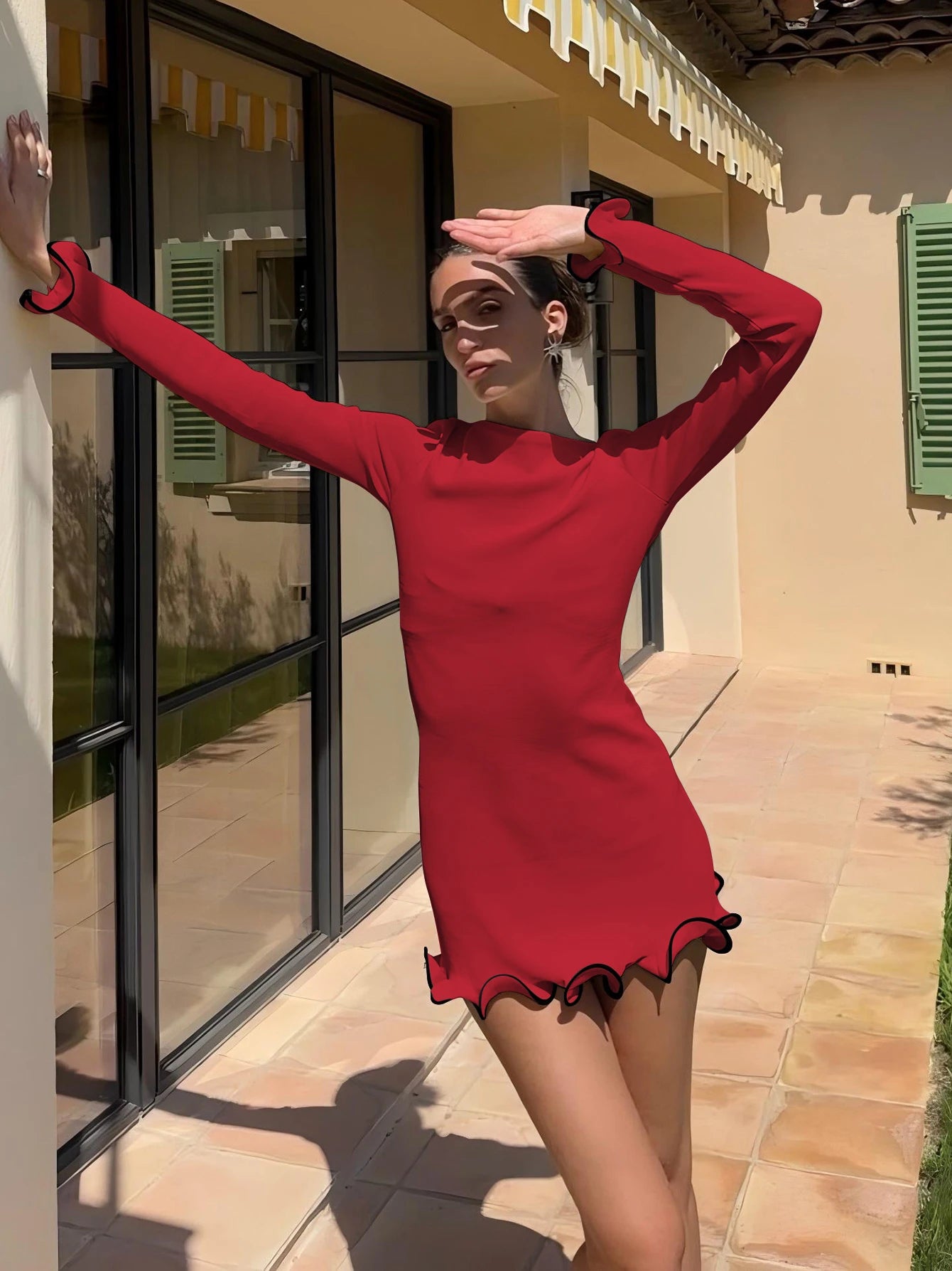 Elegant Bodycon Mini Dress - O-Neck Long Sleeves Ruffles for Party  Streetwear - ZOOMNSTORE