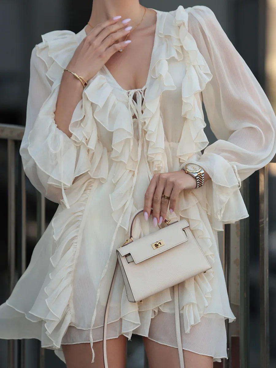 Elegant Chiffon Dress - Womens Spring Deep V Neck Lantern Sleeve Ruffle Tie Waist Skirt - ZOOMNSTORE