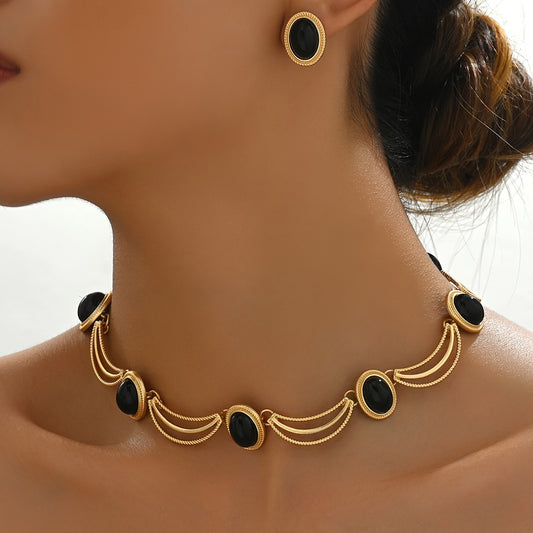 Elegant Copper Rhinestone Jewelry Set - Vintage Black Oval Bead Earrings  Necklace for Women - ZOOMNSTORE