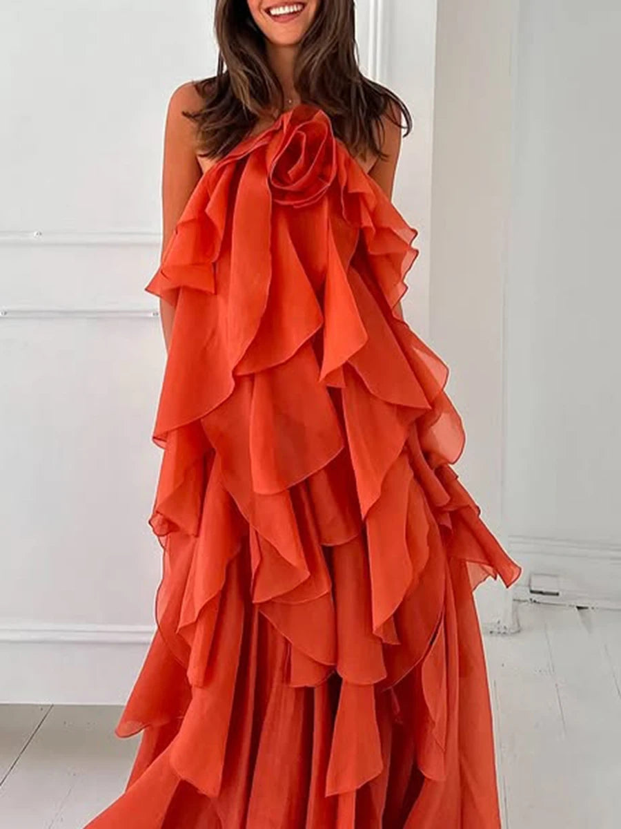 Elegant Halter Dress - Solid Ruffled Backless Sleeveless Fashion for Women - ZOOMNSTORE