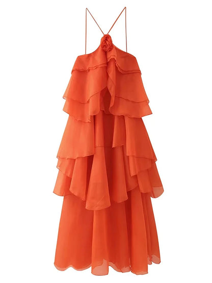 Elegant Halter Dress - Solid Ruffled Backless Sleeveless Fashion for Women - ZOOMNSTORE